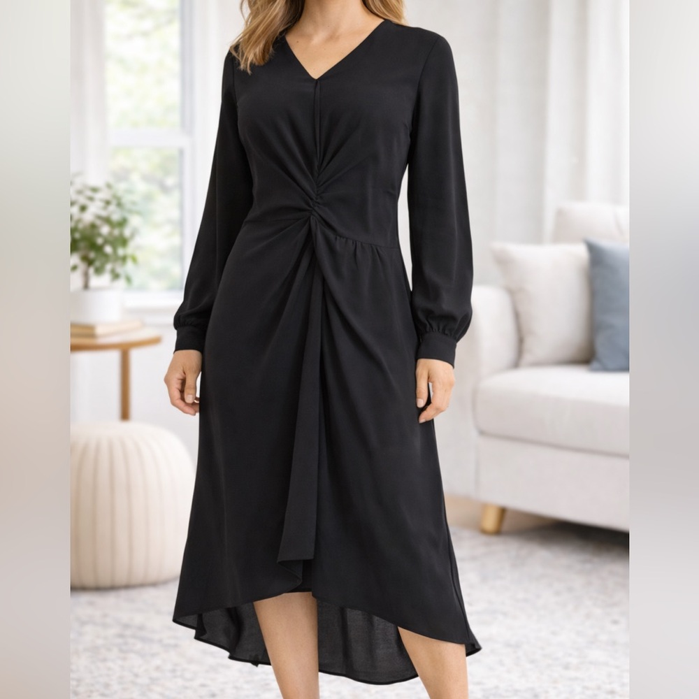New Maggy London Black Hi-Lo Ruched Faux Wrap Dress NWT Size 8